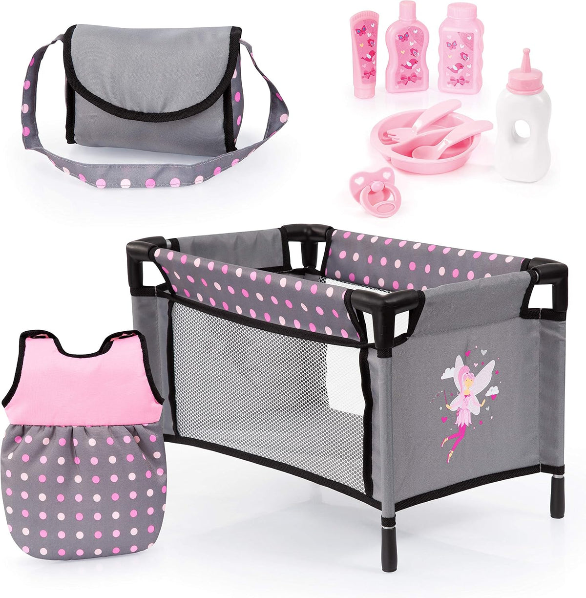 SET DE ACCESORIOS Y CUNA MUÑECA BEBE BAYER 61766AB