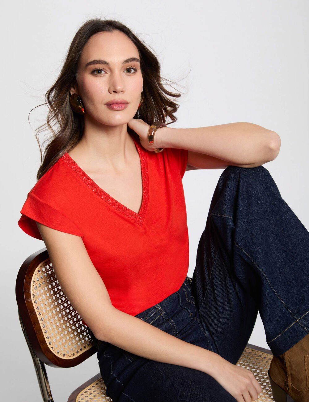 CAMISETA MANGA CORTA CON ESCOTE EN V NARANJA MUJER MORGAN 221-DAME