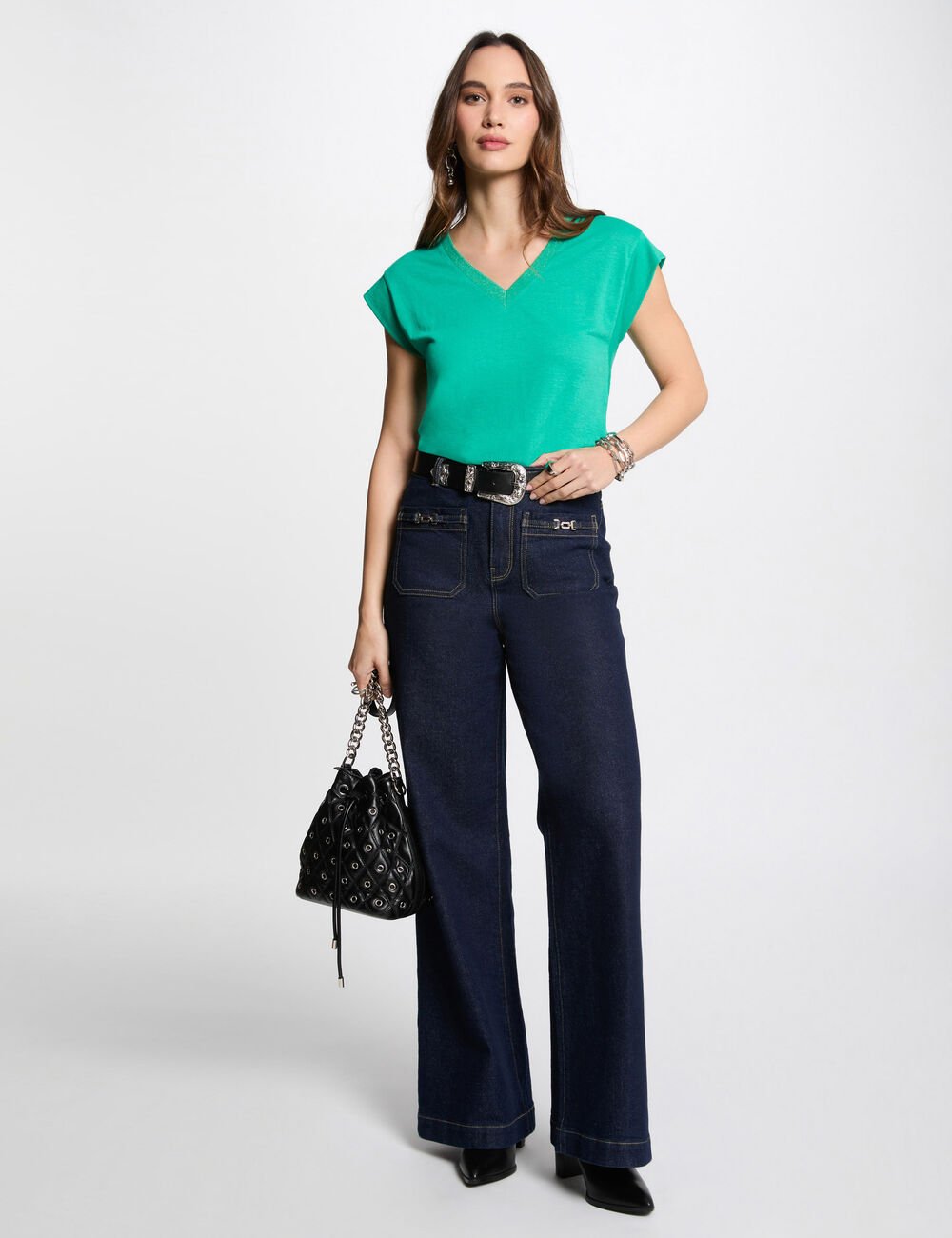 CAMISETA MANGA CORTA CON ESCOTE EN V VERDE ESMERALDA MUJER MORGAN 221-DAME